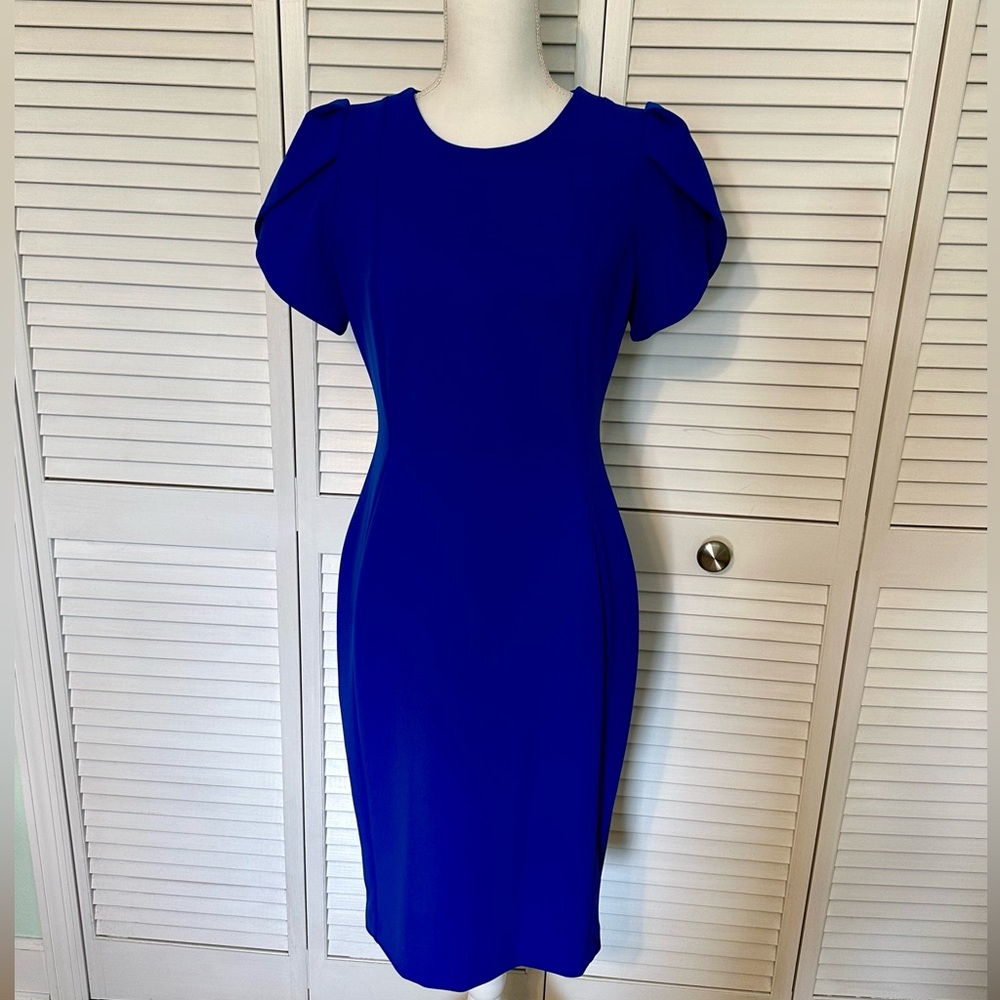 Calvin Klein Cobalt Blue Midi Sheath Dress with Puff Sleeves